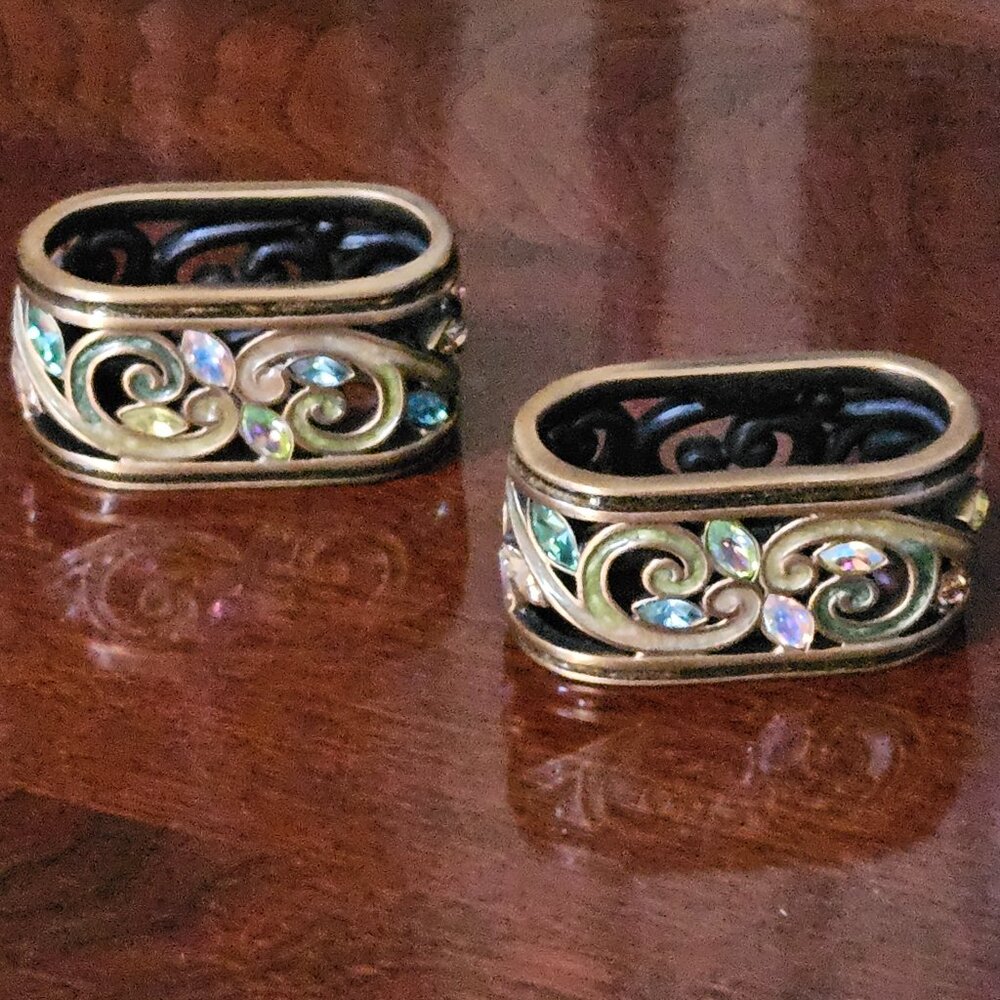 2 JAY STRONGWATER VINTAGE ART DECO CHINOISERIE SCROLL CRYSTAL ENAMEL NAPKIN RING